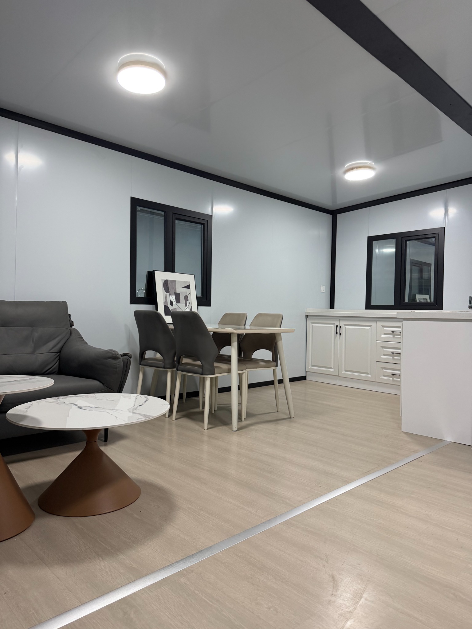 Finished expandable container house living room interior