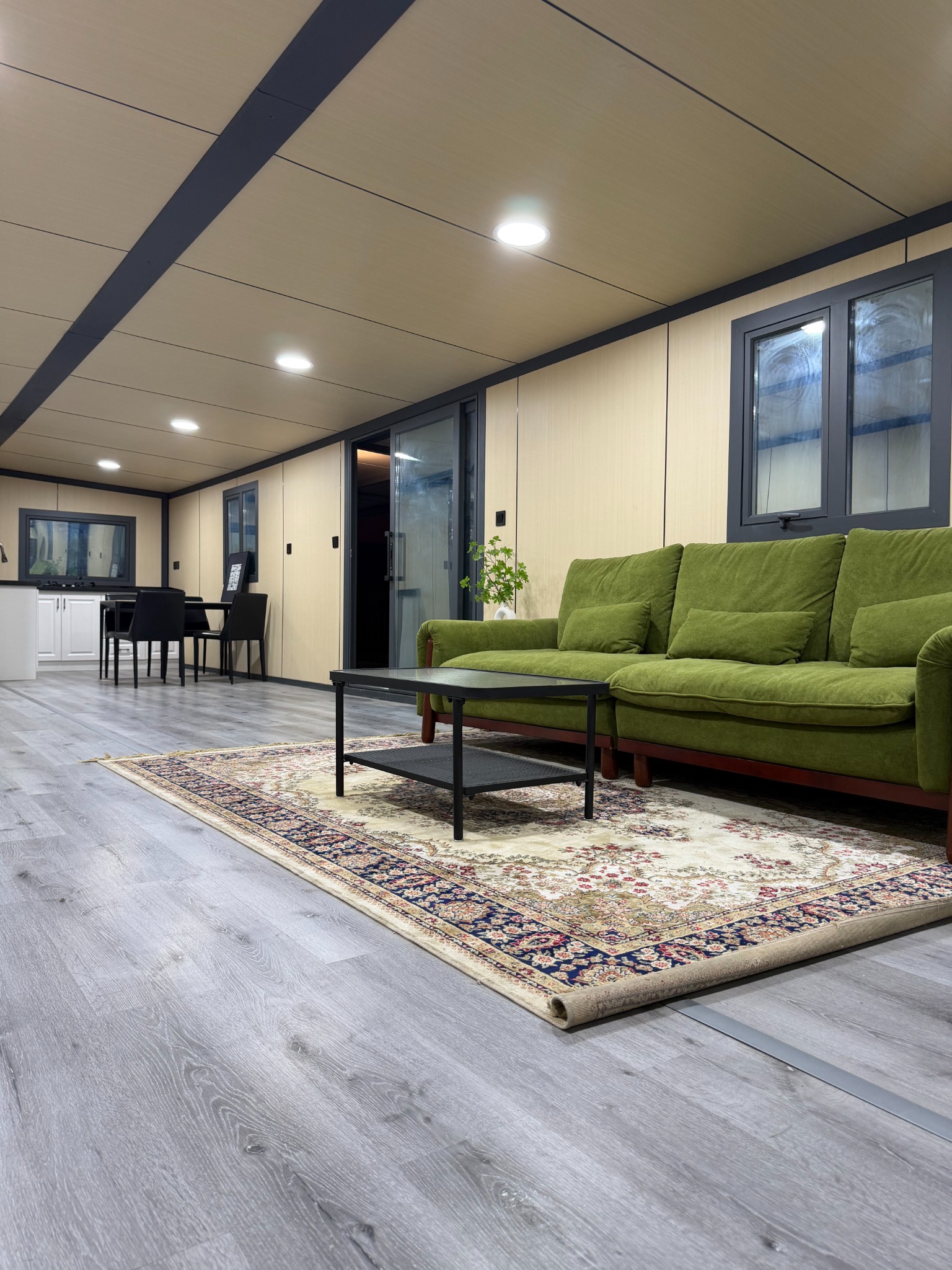 Finished expandable container house living room interior with green sofa