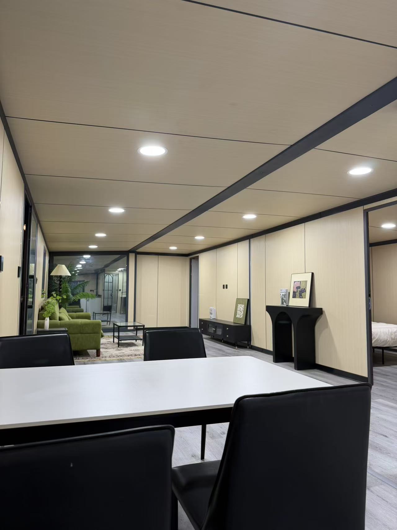 Finished expandable container house open-plan dining and living interior