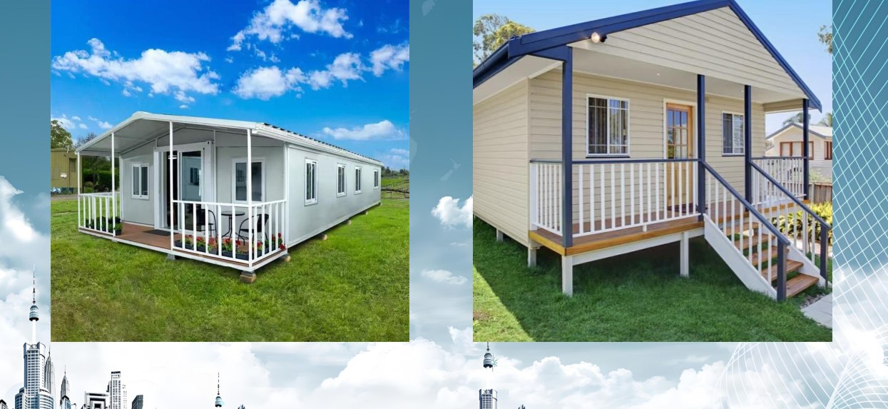 Expandable container building with terrace